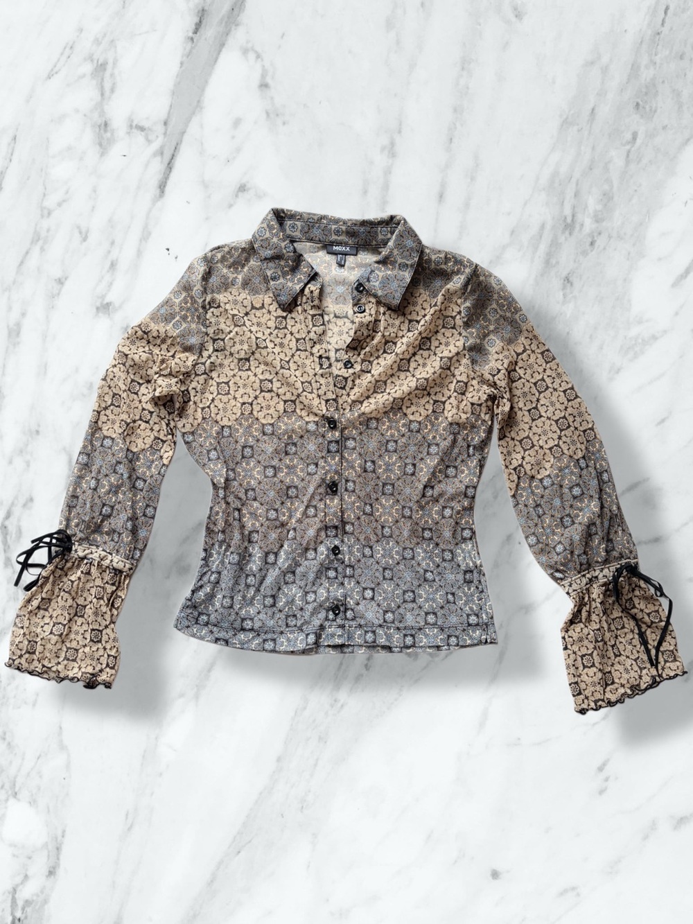 MEXX Beige and Gray Patterned Button-Up Blouse